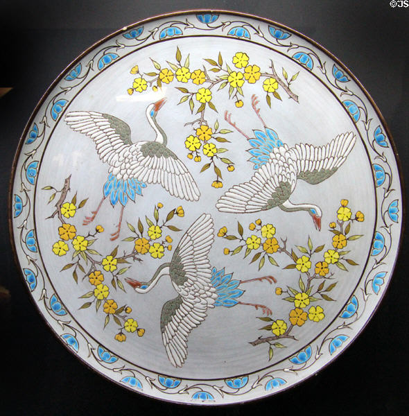 Cranes in flight ceramic plate (c1888-97) by William De Morgan at Jackfield Tile Museum. Ironbridge, England.