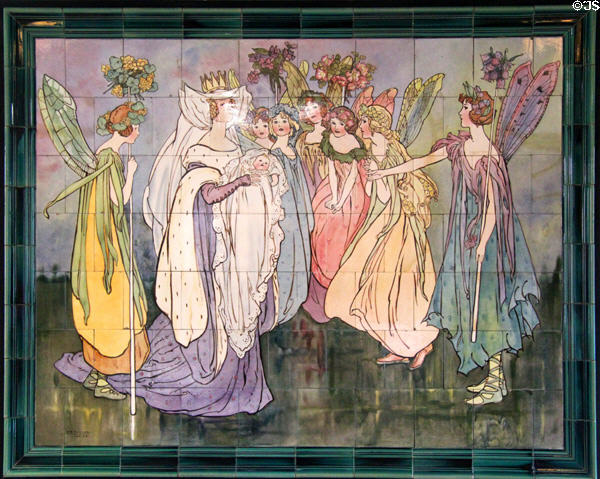 Fairies at the Christening tile panel from Sleeping Beauty story (c1905) by Margaret E. Thompson for Doulton & Co at Jackfield Tile Museum. Ironbridge, England.