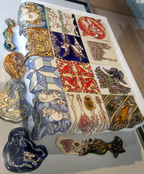 Surrealist tiles made by students in course run by Craven Dunnill Jackfield at Jackfield Tile Museum. Ironbridge, England.