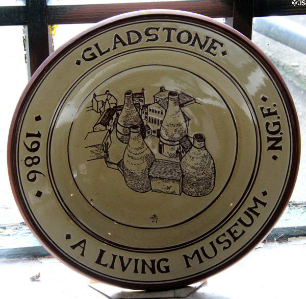 Commemorative plate (1986) featuring Gladstone Pottery Museum. Longton, Stoke, England.