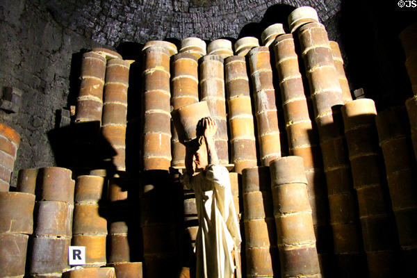 Stacks of saggars were manually placed inside kilns before firing at Gladstone Pottery Museum. Longton, Stoke, England.