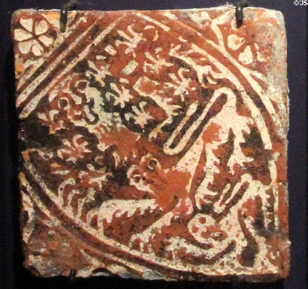 Inlaid clay heraldic lion floor tile (14thC) from Lancaster Abbey, Lancashire at Gladstone Pottery Museum. Longton, Stoke, England.