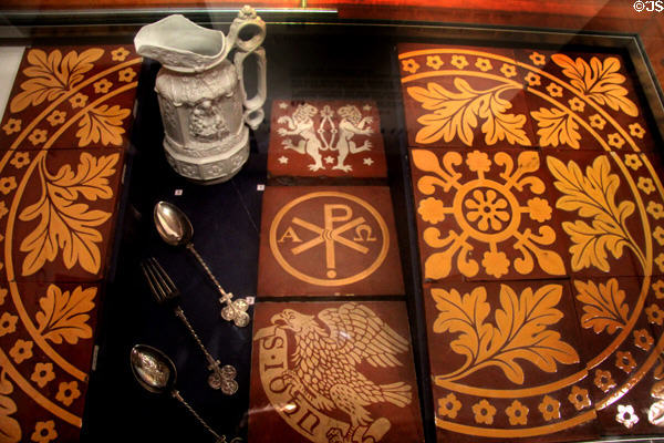 Encaustic floor tiles in Gothic Revival style (1830s-1840s) at Gladstone Pottery Museum. Longton, Stoke, England.