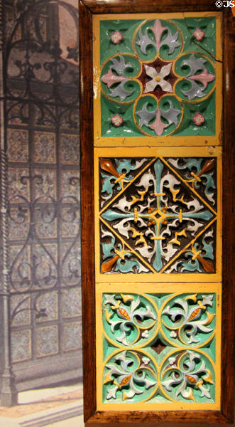 Relief majolica tiles (c1840s) of type used for Pugin's Gothic Court exhibit during Great Exhibition (1851) by A.W.N. Pugin made by Minton & Co at Gladstone Pottery Museum. Longton, Stoke, England.