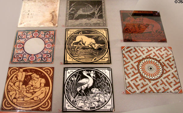 Samples of Dust press tiles made with process invented (1840) by Richard Prosser which departed historic tiles casting using wet "plastic" clay to forming damp clay dust under great pressure at Gladstone Pottery Museum. Longton, Stoke, England.