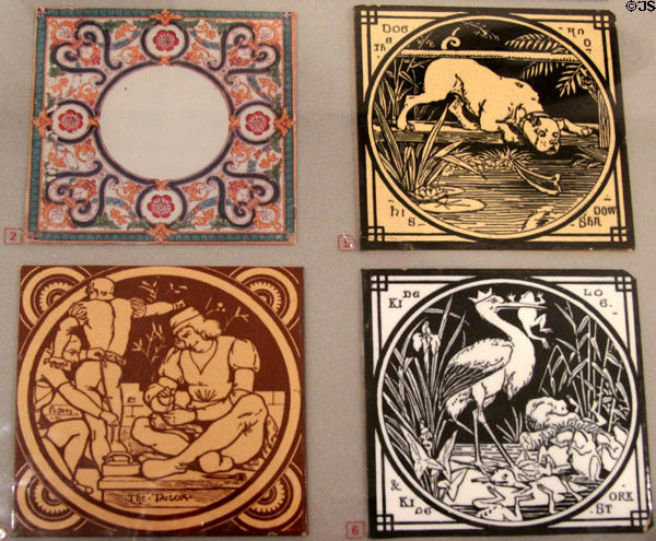 Examples of Dust press tiles (c1870s) by John Moyr Smith for Minton & Co at Gladstone Pottery Museum. Longton, Stoke, England.