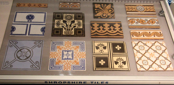 Examples of tiles made in Shropshire region around Stoke-on-Trent at Gladstone Pottery Museum. Longton, Stoke, England.