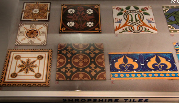 Examples of tiles made in Shropshire region around Stoke-on-Trent at Gladstone Pottery Museum. Longton, Stoke, England.