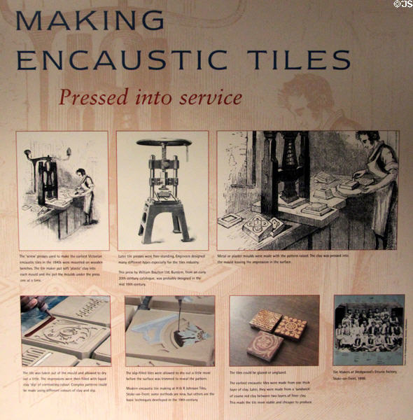 Display about forming encaustic tiles by moulding in a press at Gladstone Pottery Museum. Longton, Stoke, England.