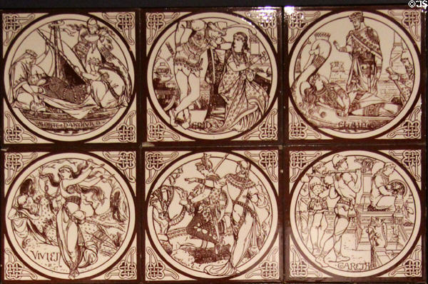 Section detail of Idylls of the King series tiles (c1875) by John Moyr Smith for Minton & Co at Gladstone Pottery Museum. Longton, Stoke, England.