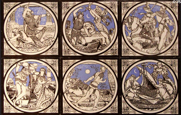 Section detail of Idylls of the King series tiles (c1875) by John Moyr Smith for Minton & Co at Gladstone Pottery Museum. Longton, Stoke, England.