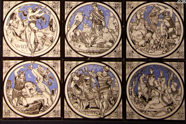 Section detail of Idylls of the King series tiles (c1875) by John Moyr Smith for Minton & Co at Gladstone Pottery Museum. Longton, Stoke, England.