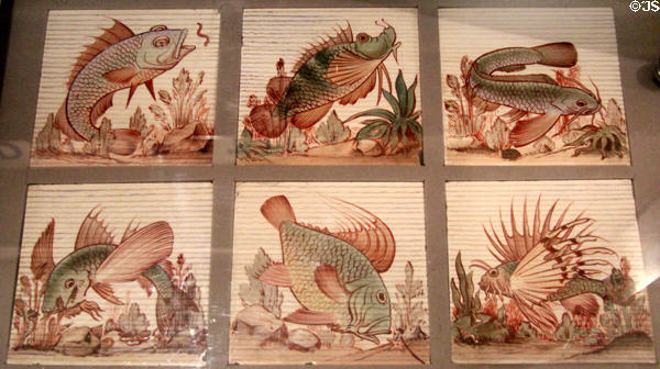 Underwater scenes series hand painted tiles (1880s) by Minton Hollins & Co at Gladstone Pottery Museum. Longton, Stoke, England.