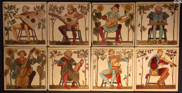 Minstrel series hand painted tiles (c1878) by W.T. Copeland & Sons at Gladstone Pottery Museum. Longton, Stoke, England.