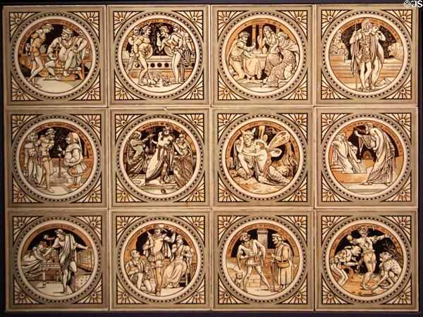 Shakespeare series tile panel (c1873) by John Moyr Smith for Minton China Works at Gladstone Pottery Museum. Longton, Stoke, England.