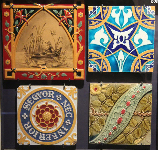 Examples of moulded tiles made in Shropshire region around Stoke-on-Trent at Gladstone Pottery Museum. Longton, Stoke, England.