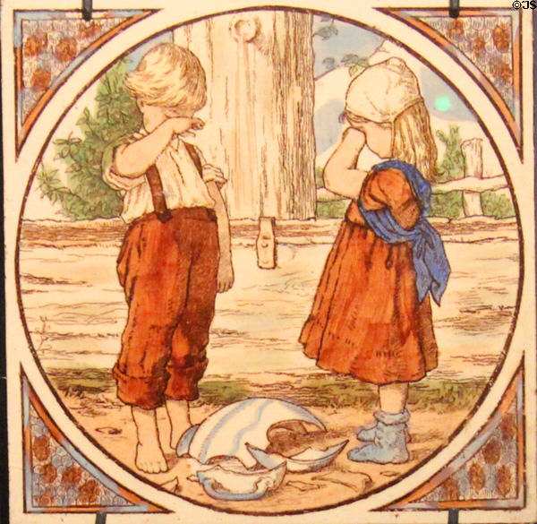 Crying Over Broken Pot tile (c1895) by Randolph Caldecot on George Woolliscroft & Sons blank at Gladstone Pottery Museum. Longton, Stoke, England.