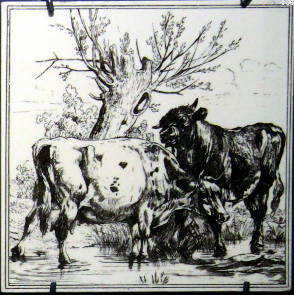 Fine line transfer-print tile of cows (c1885) by W.P. Simpson for Minton Hollins & Co at Gladstone Pottery Museum. Longton, Stoke, England.