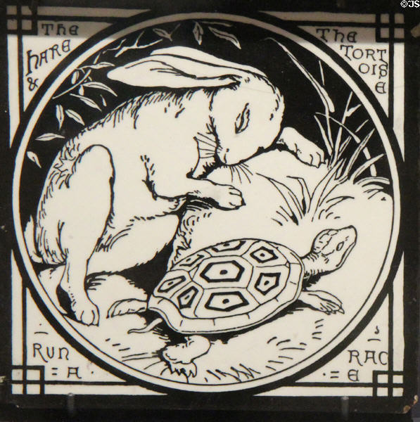 Hare & Tortoise Run a Race from Aesop's Fables tiles series (c1872) by John Moyr Smith for Minton & Co at Gladstone Pottery Museum. Longton, Stoke, England.