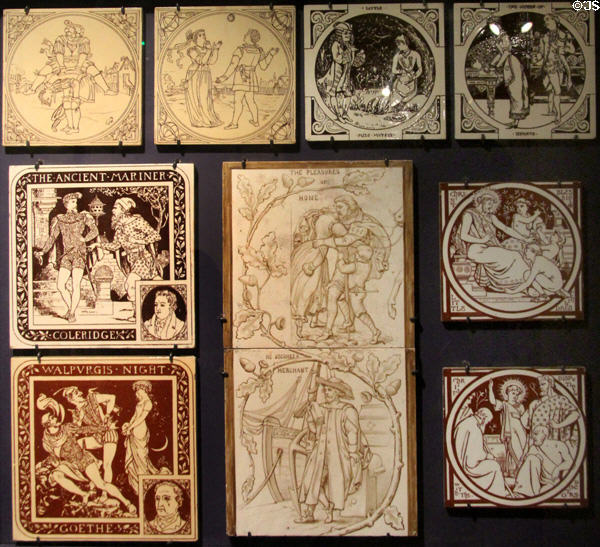 Arts & Crafts tile collection (1880s) shows trend for designs in series at Gladstone Pottery Museum. Longton, Stoke, England.