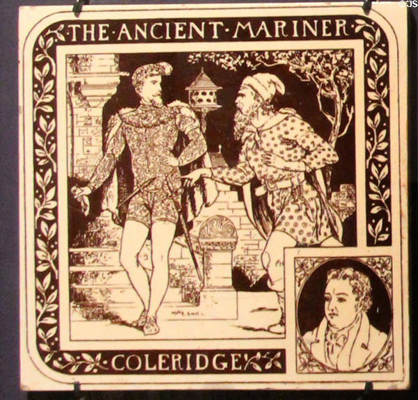 Ancient Mariner of Coleridge from Authors tiles series (c1880) by John Moyr Smith for Minton Hollins & Co at Gladstone Pottery Museum. Longton, Stoke, England.