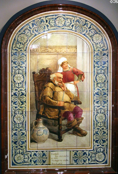 Flagstaff tile panel (1880) made for Red Lion public house in Fulham, London by Doulton & Co at Gladstone Pottery Museum. Longton, Stoke, England.