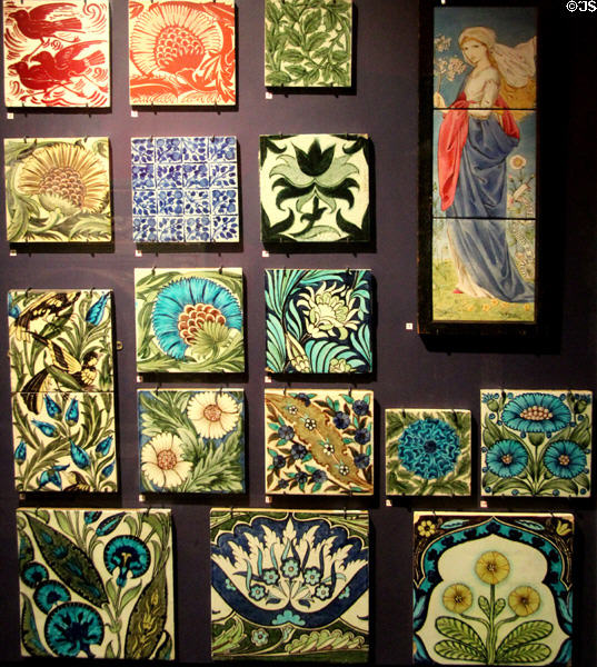 Arts & Crafts tile collection many but not all by William De Morgan at Gladstone Pottery Museum. Longton, Stoke, England.