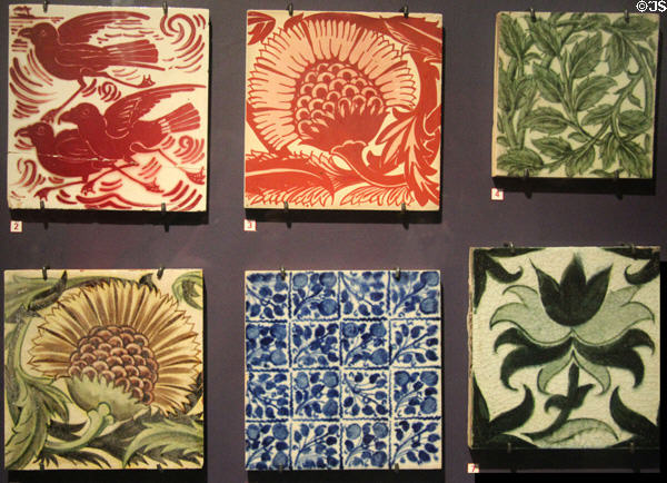 Arts & Crafts tiles by several artists & firms at Gladstone Pottery Museum. Longton, Stoke, England.