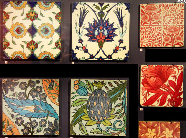 Arts & Craft tile (c1880) inspired by William De Morgan & made by factories like Pilkington, Maw, Craven Dunnill & Minton's at Gladstone Pottery Museum. Longton, Stoke, England.