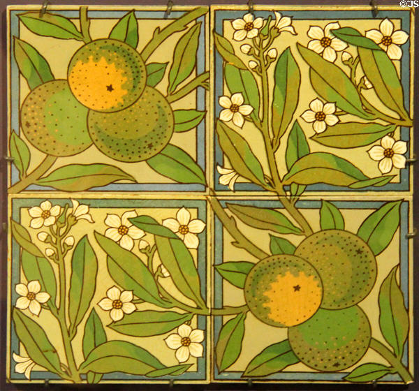 Orange & orange blossom transfer-print tiles (c1880s) by Maw & Co at Gladstone Pottery Museum. Longton, Stoke, England.