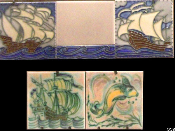 Galleon & fish tile plaques by Pilkington's Tile & Potter Co of Manchester at Gladstone Pottery Museum. Longton, Stoke, England.