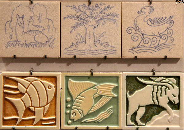 Painted nature tiles (above) (1930s) by Marsden tiles & relief moulded fish (below) (1930s) by Pilkington's Tile & Potter Co of Manchester at Gladstone Pottery Museum. Longton, Stoke, England.