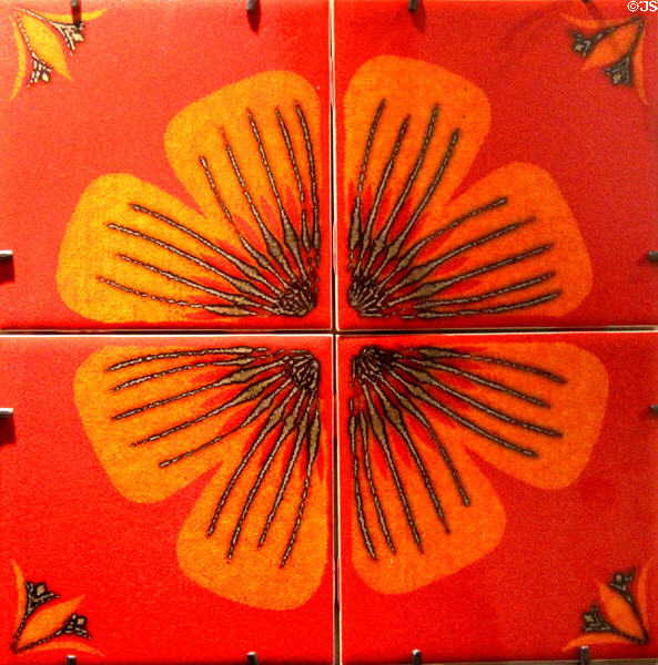 'With It' Poppy in 4 orange square tiles (1974) by H & R Johnson at Gladstone Pottery Museum. Longton, Stoke, England.