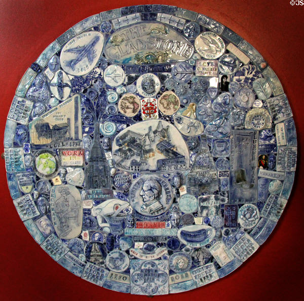 Gladstone Pottery Museum round ceramic mosaic commemorating aspects of museum & ceramic history at Gladstone Pottery Museum. Longton, Stoke, England.