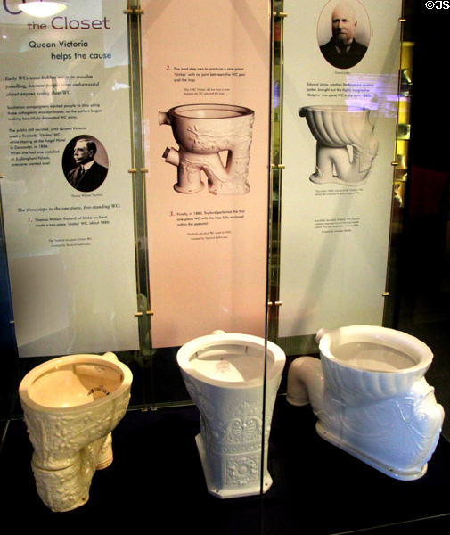 Various ceramic flush water closet styles (1880s) by several Staffordshire potteries in bathroom history display at Gladstone Pottery Museum. Longton, Stoke, England.