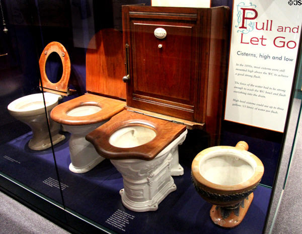 English water closet cistern concepts in bathroom history display at Gladstone Pottery Museum. Longton, Stoke, England.