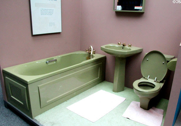 English bathroom fixture styles & colors (late 20thC) in bathroom history display at Gladstone Pottery Museum. Longton, Stoke, England.