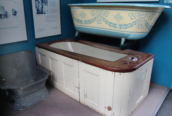 English bathtub designs (late 19thC) in bathroom history display at Gladstone Pottery Museum. Longton, Stoke, England.