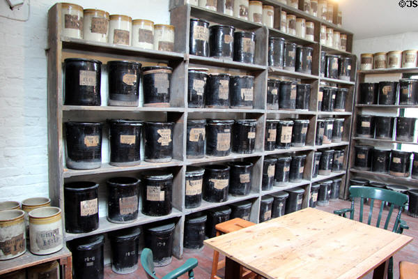 Storeroom of colors applied to pottery at Gladstone Pottery Museum. Longton, Stoke, England.