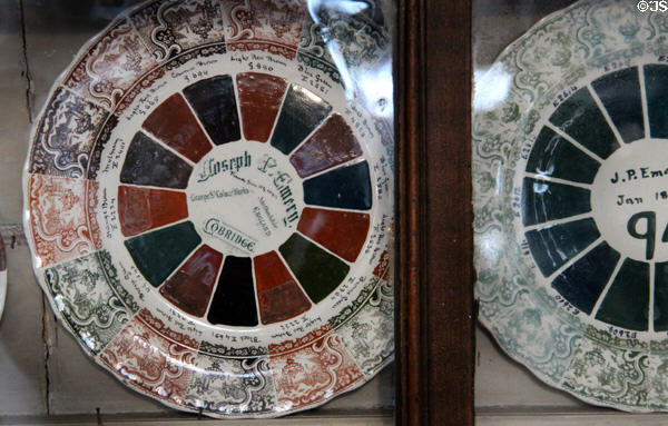 Plates cataloging available pottery color sample (c1900) from Staffordshire color suppliers at Gladstone Pottery Museum. Longton, Stoke, England.