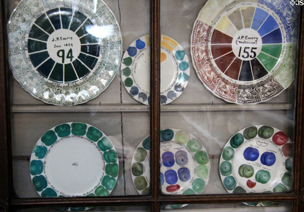 Plates cataloging available pottery color sample (c1900) from Staffordshire color suppliers at Gladstone Pottery Museum. Longton, Stoke, England.