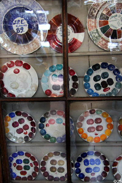 Plates cataloging available pottery color sample (c1900) from Staffordshire color suppliers at Gladstone Pottery Museum. Longton, Stoke, England.