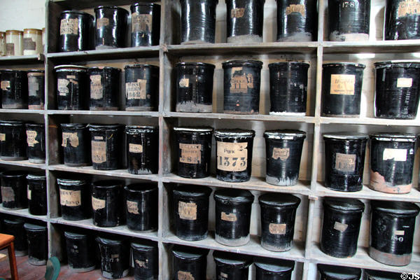 Storeroom of colors applied to pottery at Gladstone Pottery Museum. Longton, Stoke, England.