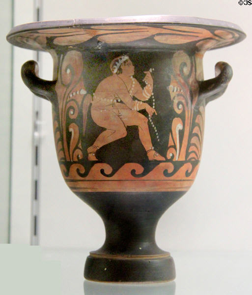 Greek earthenware red-figure krater (c450 BCE) from Apulia, southern Italy at Potteries Museum & Art Gallery. Hanley, Stoke-on-Trent, England.