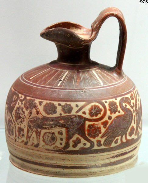 Greek earthenware Oinochoe with red-figure lion & goose (late 7thC BCE) at Potteries Museum & Art Gallery. Hanley, Stoke-on-Trent, England.