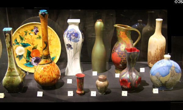 European Art Nouveau era vessels at Potteries Museum & Art Gallery. Hanley, Stoke-on-Trent, England.