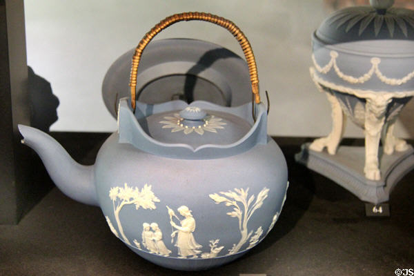 Wedgwood blue jasper kettle showing woman spinning thread (1783-1800) by Elizabeth Lady Templetown impressed Wedgwood of Etruria, at Potteries Museum & Art Gallery. Hanley, Stoke-on-Trent, England.