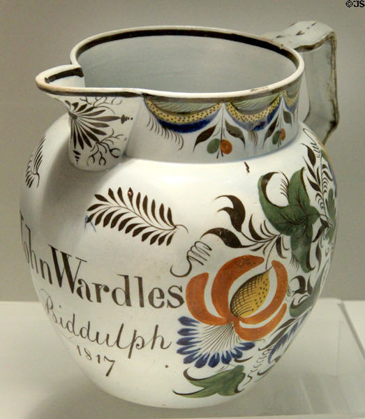 Pearlware jug inscribed John Wardles Biddulph (c1817) made in Staffordshire at Potteries Museum & Art Gallery. Hanley, Stoke-on-Trent, England.