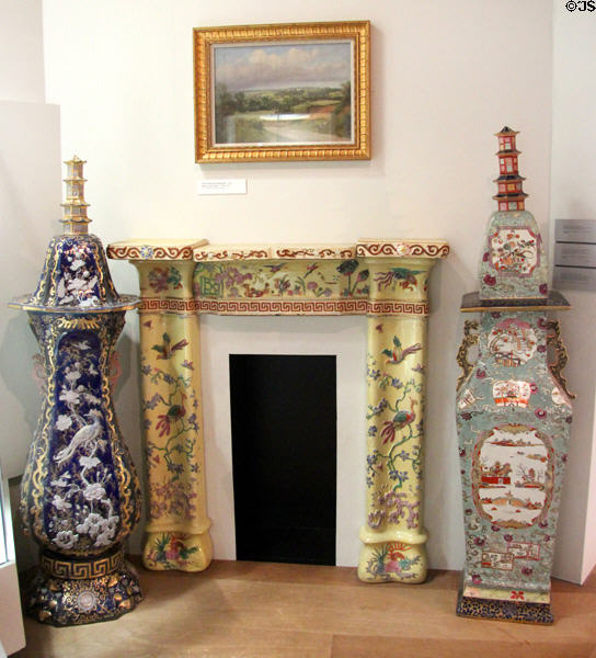 Large Ironstone covered vases flanking fireplace surround all with oriental decoration (c1830s-40s) by C.J. & G.M. Mason of Lane Delph, Fenton, Stoke-upon-Trent at Potteries Museum & Art Gallery. Hanley, Stoke-on-Trent, England.