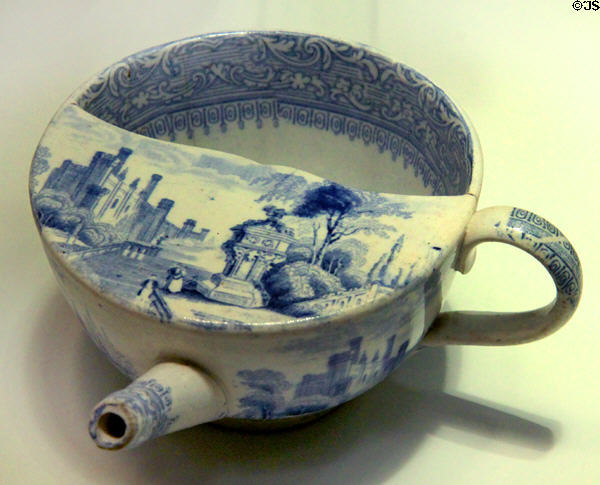 Earthenware invalid feeder printed with Ardennes pattern (c1842-67) by Edward Challinor of Tunstall, Staffordshire at Potteries Museum & Art Gallery. Hanley, Stoke-on-Trent, England.